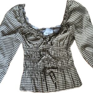 Reformation Tan and Cream Gingham Blouse